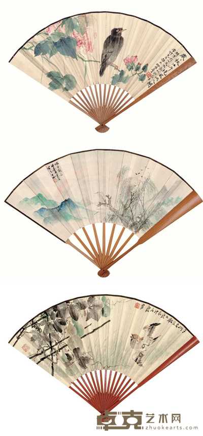 陆抑非 张大壮 唐云 1940年作 花鸟 彩虹 花鸟 成扇 19×47cm；19×48.8cm；18×45.8cm
